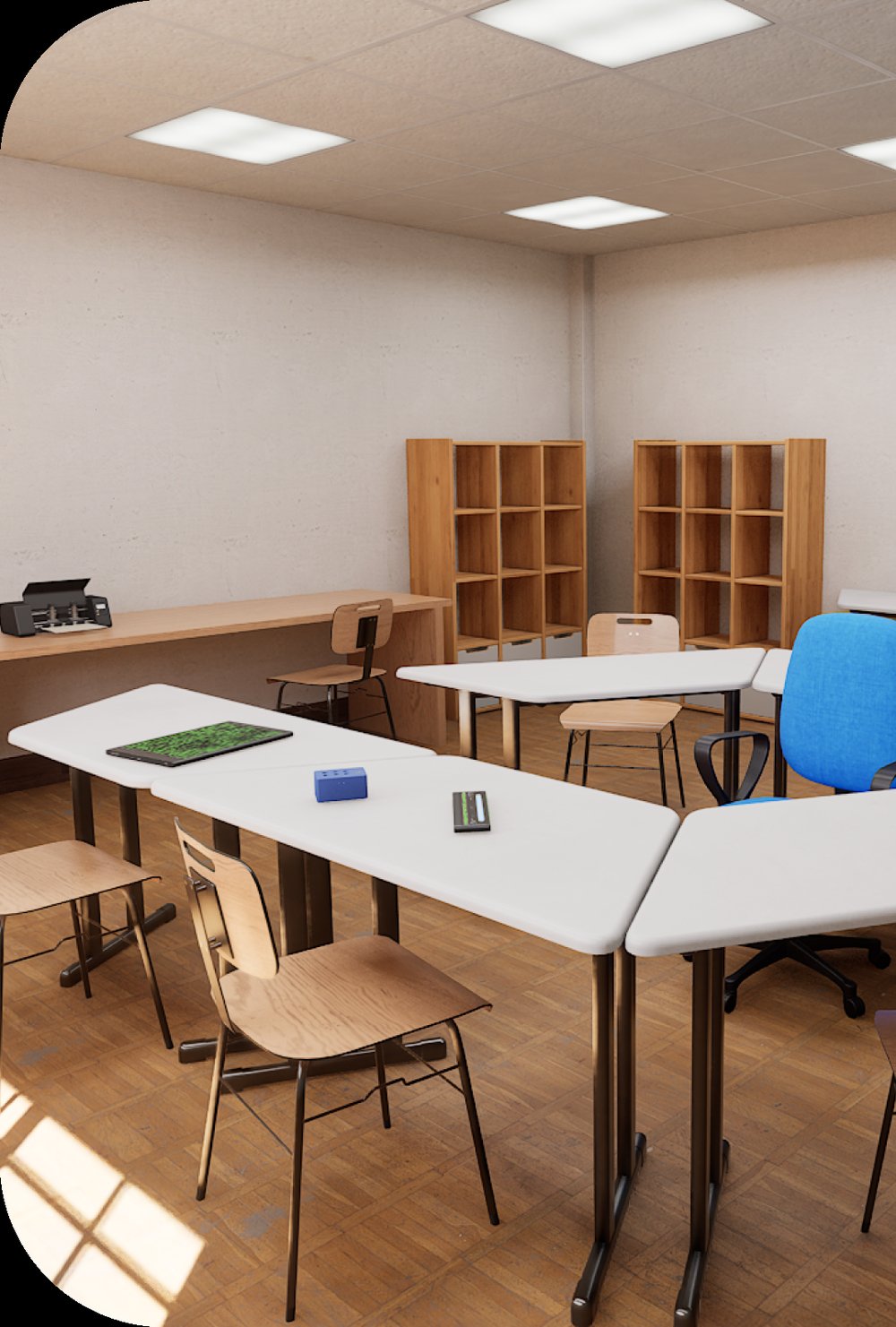 Sala de aula demonstrativa da INOVAeye montada com os equipamentos da linha Sala Braille